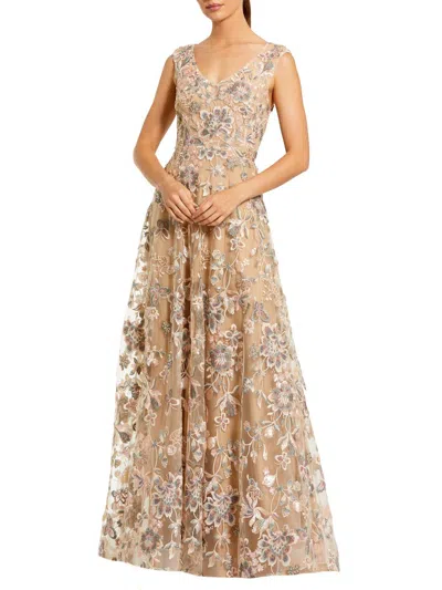Mac Duggal Floral Embroidered Sleeveless V Neck Gown In Multi