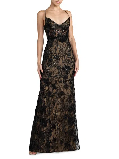 Mac Duggal Floral Embroidered Sleeveless Open Back Gown In Black