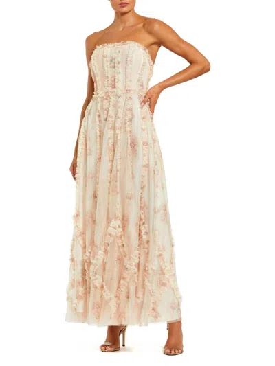 Mac Duggal Ankle Length Strapless Floral Ruffle Dress In White