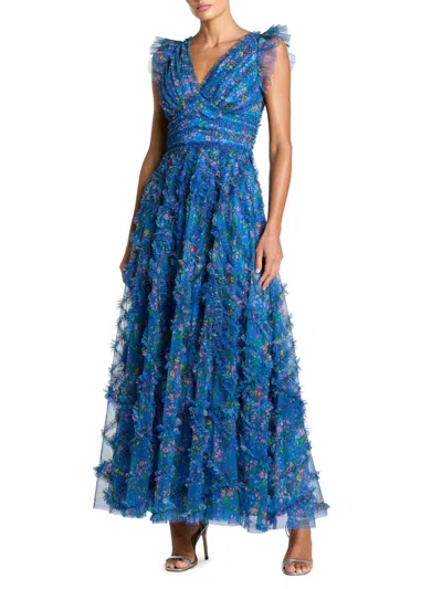 Mac Duggal Women's Floral Mesh Ruffled V-neck Maxi Dress In Blue