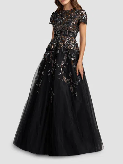 Mac Duggal Women's Floral Mesh Short-sleeve Gown In Black