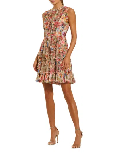 Mac Duggal Mesh Micro Ruffle High Neck Mini Dress In Cream Multi
