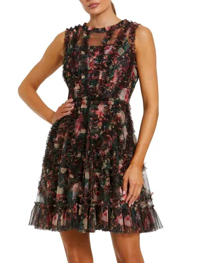 Mac Duggal Mesh Micro Ruffle High Neck Floral Mini Dress In Black