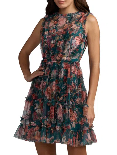 Mac Duggal Teal Micro Ruffle Floral A-line Mini Dress In Multi