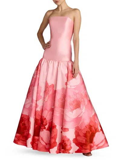 Mac Duggal Printed Mikado Strapless Drop Waist Ballgown In Pink