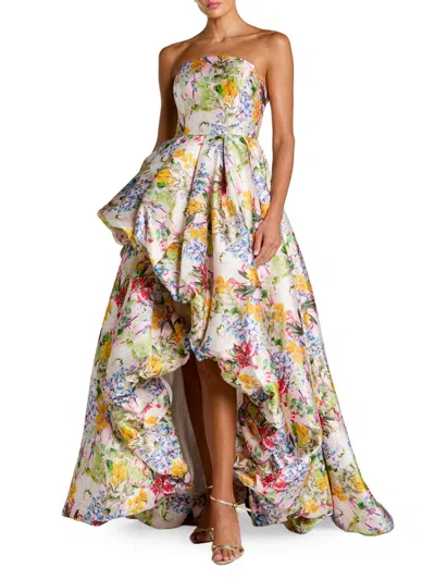 Mac Duggal Floral Mikado Strapless High-low Bubble Hem Gown In Multi