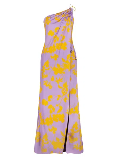 Mac Duggal Printed Charmeuse One Shoulder Gown With Slit In Orchid Multi
