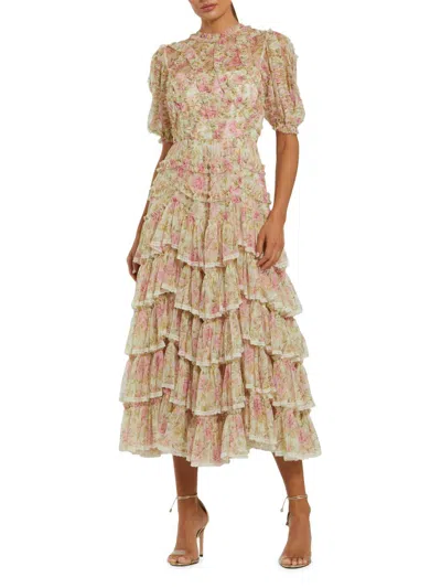 Mac Duggal Women's Floral Ruffle High-neck Cocktail Dress In Neutral