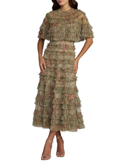Mac Duggal Women's Floral Ruffled Mesh Cape Midi-dress In Green