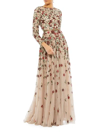 Mac Duggal Embellished High Neck Long Sleeve A Line Gown In Antique Rose
