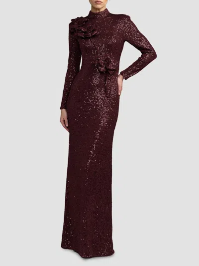 Mac Duggal Women's Floral Sequined Mock Turtleneck Gown In Mahogany
