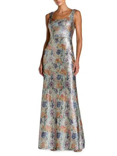 Mac Duggal Women's Floral Sequined Sleeveless Metallic Gown In Gray