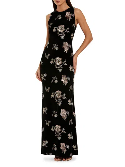 Mac Duggal Black Sleeveless Floral Embellished Velvet Evening Gown