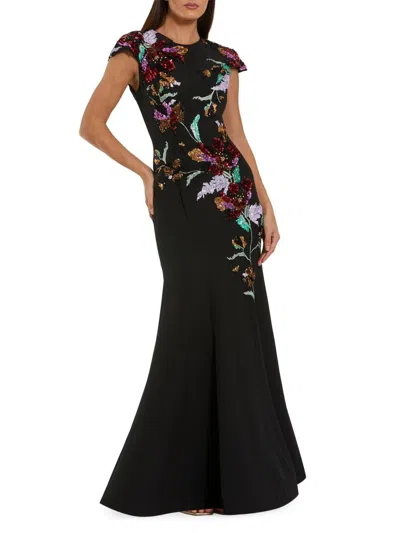 Mac Duggal Crepe Mermaid Gown With Floral Embroidery In Multi