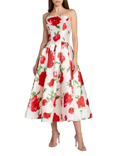 Mac Duggal Strapless Floral Printed A Line Midi Dress In White