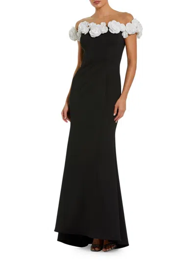 Mac Duggal Stretch Crepe Mermaid Gown With 3d Flowers In Black Cream