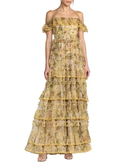 Mac Duggal Floral Print Off-the-shoulder Ruffle Tiered Mesh Gown In Multi