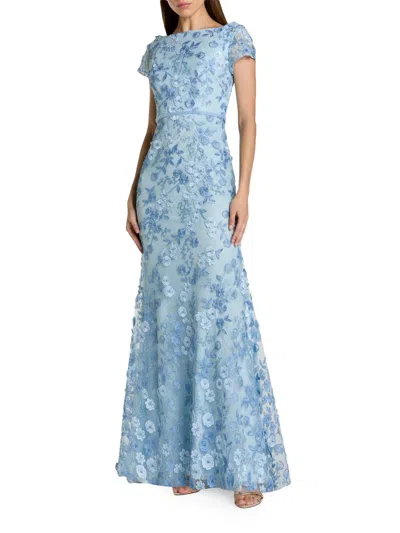 Mac Duggal Petite Blue Floral Applique Boat Neck Cap Sleeve Gown