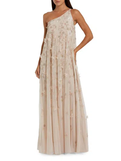 Mac Duggal Floral Embellished Mesh One Shoulder Kaftan Gown In Neutral