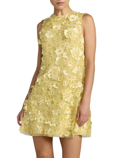 Mac Duggal Floral Beaded Mesh Sleeveless Trapeze Mini Dress In Yellow