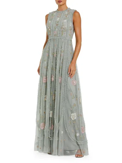 Mac Duggal Petite Floral Embroidered Mesh A-line Gown With Micro Ruffle Trim In Gray