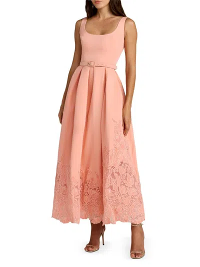 Mac Duggal Women's Floral-lace Crepe Belted Midi-dress In Pink