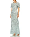 Mac Duggal Flutter Sleeve Sequin High Neck Dress In French Blue