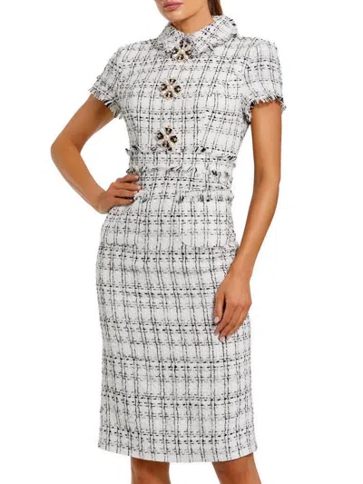 Mac Duggal Fitted Boucle Short Sleeve Button Up Midi Dress In White