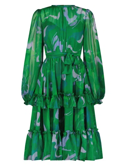 Mac Duggal Printed Chiffon Bishop Sleeve Ruffle Midi Dress In Green Multi