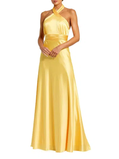 Mac Duggal Ruched Halter Neck Tie Back Satin Gown In Yellow