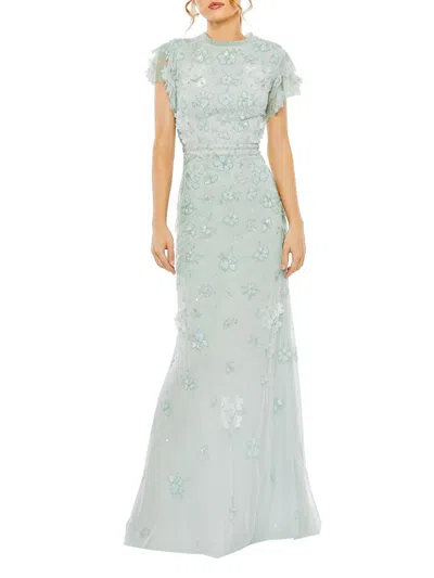 Mac Duggal Floral Embellished High Neck Flutter Sleeve Gown In Periwinkle