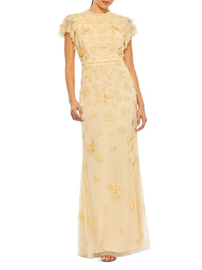 Mac Duggal Floral Embellished High Neck Flutter Sleeve Gown In Yellow