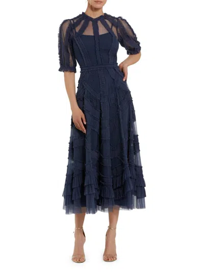 Mac Duggal High Neck Puff Sleeve Ruffle Tiered Dress In Midnight
