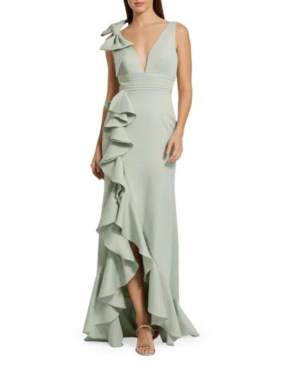 Mac Duggal Crepe Sleeveless Ruffled V-neck Gown With Bow In Green