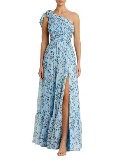 Mac Duggal One-shoulder Floral Chiffon A-line Gown In Blue