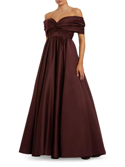 Mac Duggal Satin Off The Shoulder Twist Evening Ballgown In Burgundy