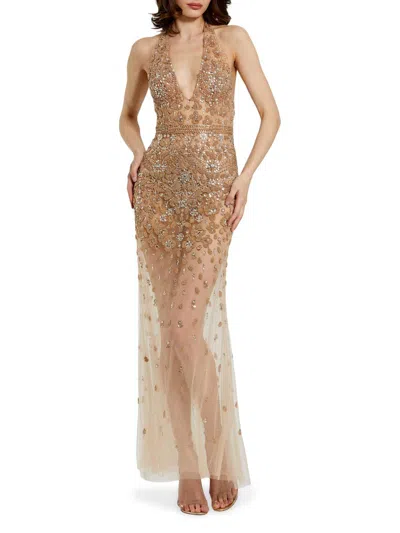 Mac Duggal Women's Ieena Halterneck Embellished Sheer Gown In Brown
