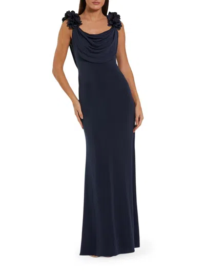 Mac Duggal Jersey Cowl Neck Gown With 3d Flower Straps In Blue