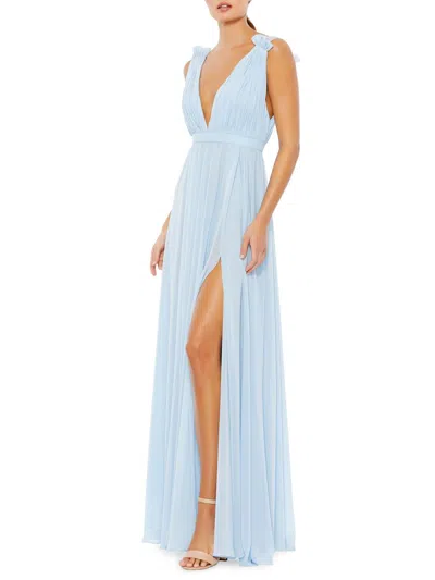 Mac Duggal Pleated Chiffon Sleeveless V-neck Gown In Powder Blue