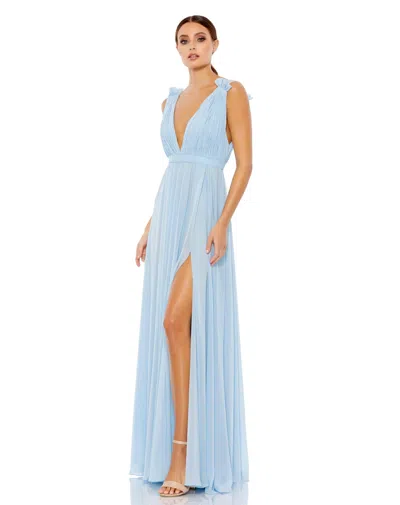Mac Duggal Pleated Chiffon Sleeveless V-neck Gown In Powder Blue