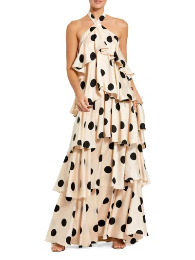 Mac Duggal Tiered Ruffle Polka Dot Charmeuse Gown In Cream Black In Neutral