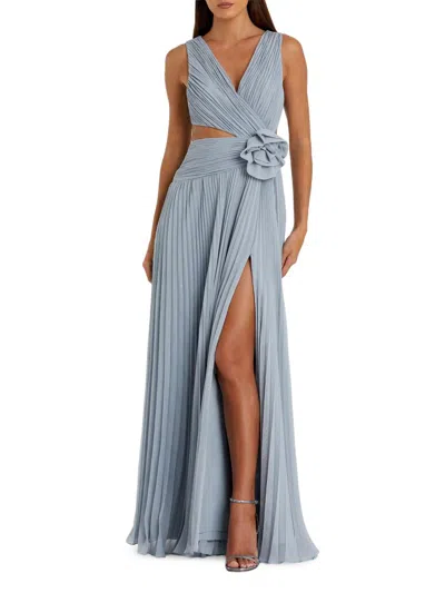 Mac Duggal Women's Ieena Rosette Pleated Chiffon V-neck Gown In Blue