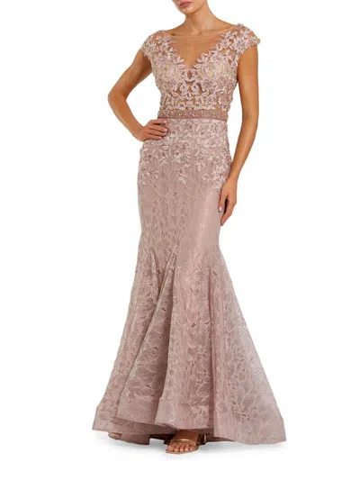 Mac Duggal High Neck Shoulder Flower Detail Mermaid Gown In Pink