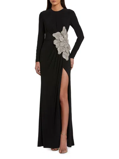 Mac Duggal Thigh High Slit Embellished Flower Detail Jersey Gown In Black