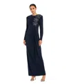 Mac Duggal Jersey Long Sleeve Fitted Gown With 3d Flowers In Blue