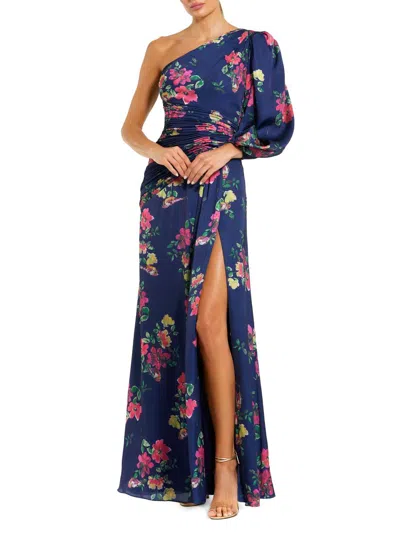 Mac Duggal Floral One-sleeve Charmeuse Gown With Slit In Blue