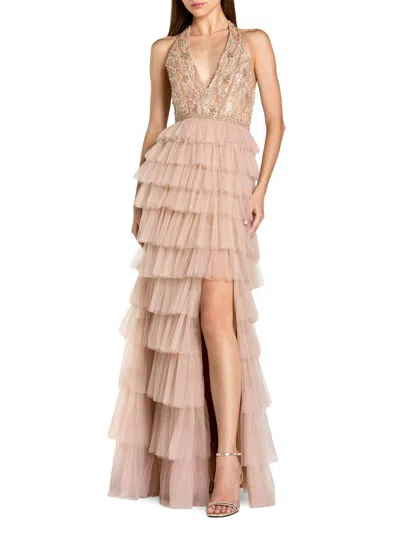 Mac Duggal Beaded Tulle Sleeveless V Neck Ruffle Column Gown In Brown