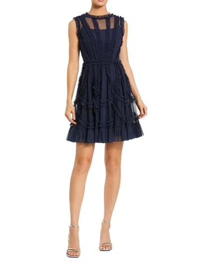 Mac Duggal Mesh Micro Ruffle High Neck Mini Dress In Purple