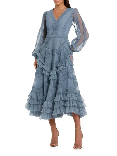 Mac Duggal Blue Long Sleeve V-neck Micro Ruffle Midi Dress In Transparent