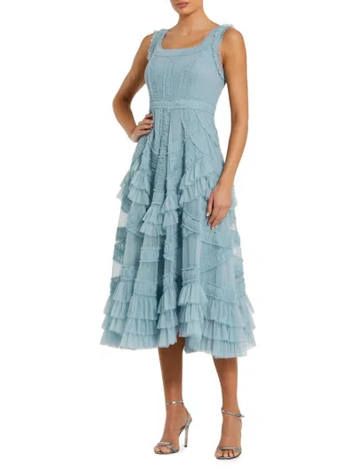 Mac Duggal Scoop Neck Sleeveless Mesh Micro Ruffle Midi Dress In French Blue